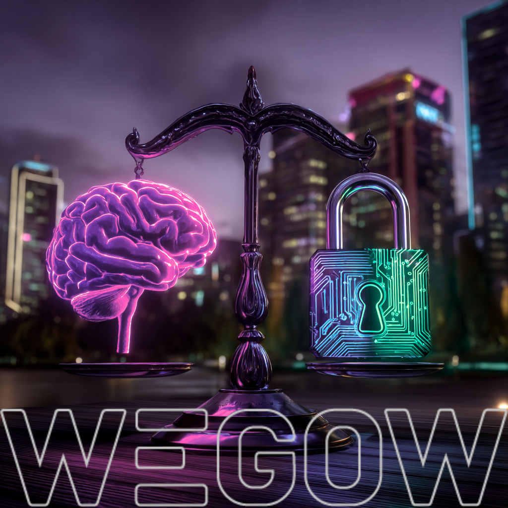 Tendência de IA 2 Ilustração simbólica de uma balança com um cérebro de um lado e um cadeado digital do outro, representando o equilíbrio entre inovação e ética no uso da IA. Ao fundo, uma cidade moderna com elementos tecnológicos.