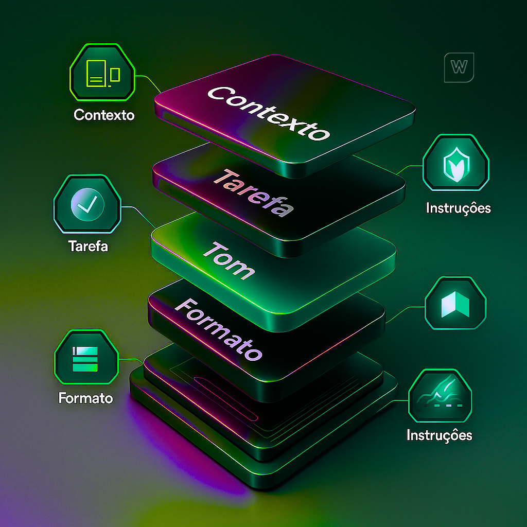 flat das camadas do prompt: contexto, tarefa, tom, formato, instruções
