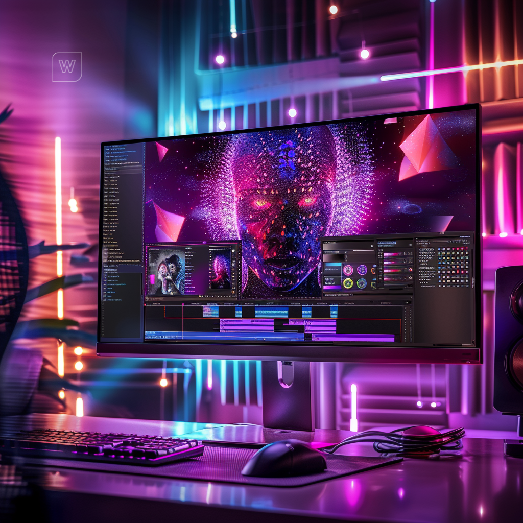 Monitor exibindo template de prompt em camadas, ícones de texto-imagem-vídeo, fundo azul-royal e aquamarine