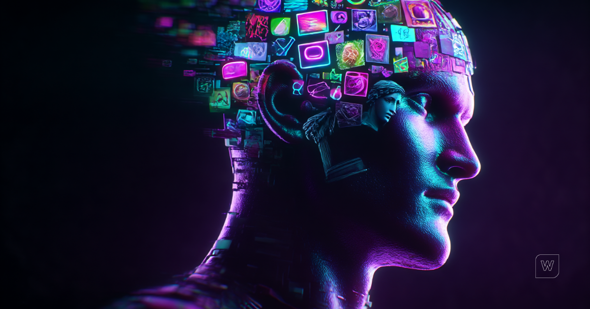 Cabeça humana com colagens saindo, incluindo elementos como memes, arte clássica, design gráfico e objetos do cotidiano.