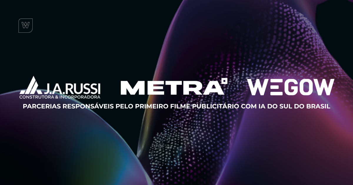 Logos da Wegow, Metra e J.A. Russi, parcerias responsáveis pelo primeiro filme publicitário com IA do sul do Brasil