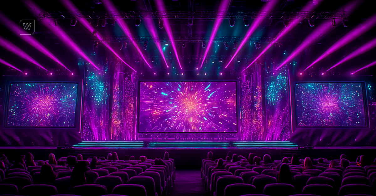Palco do Cannes Lions iluminado durante apresentação de campanha com IA